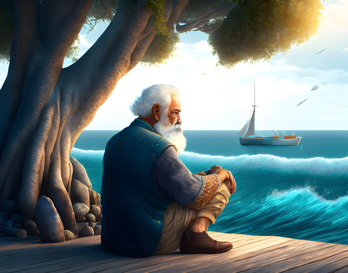 Bearded elderly man by the sea gazes at sailboat and birds