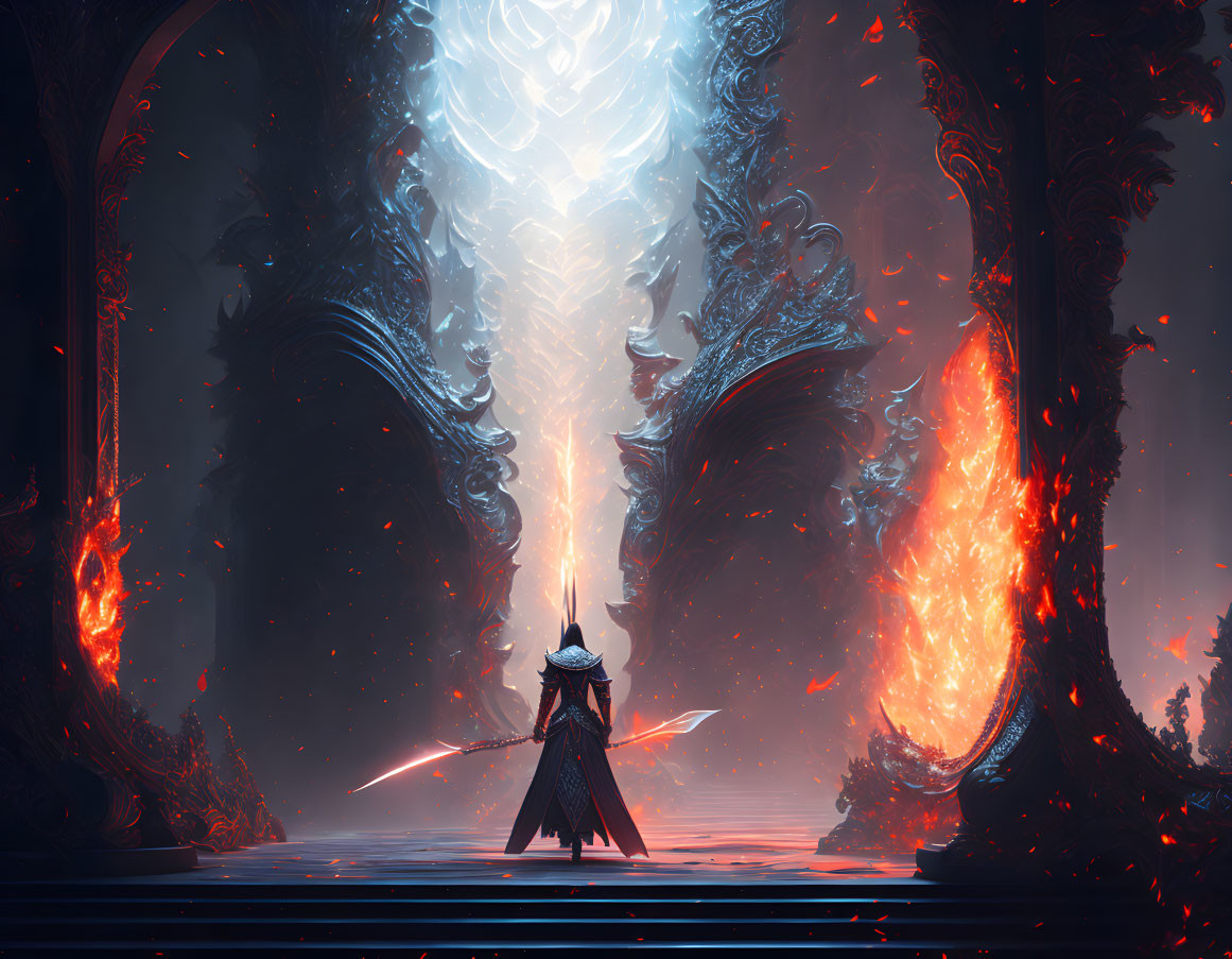 Cloaked figure with sword at fiery portal in mystic forest