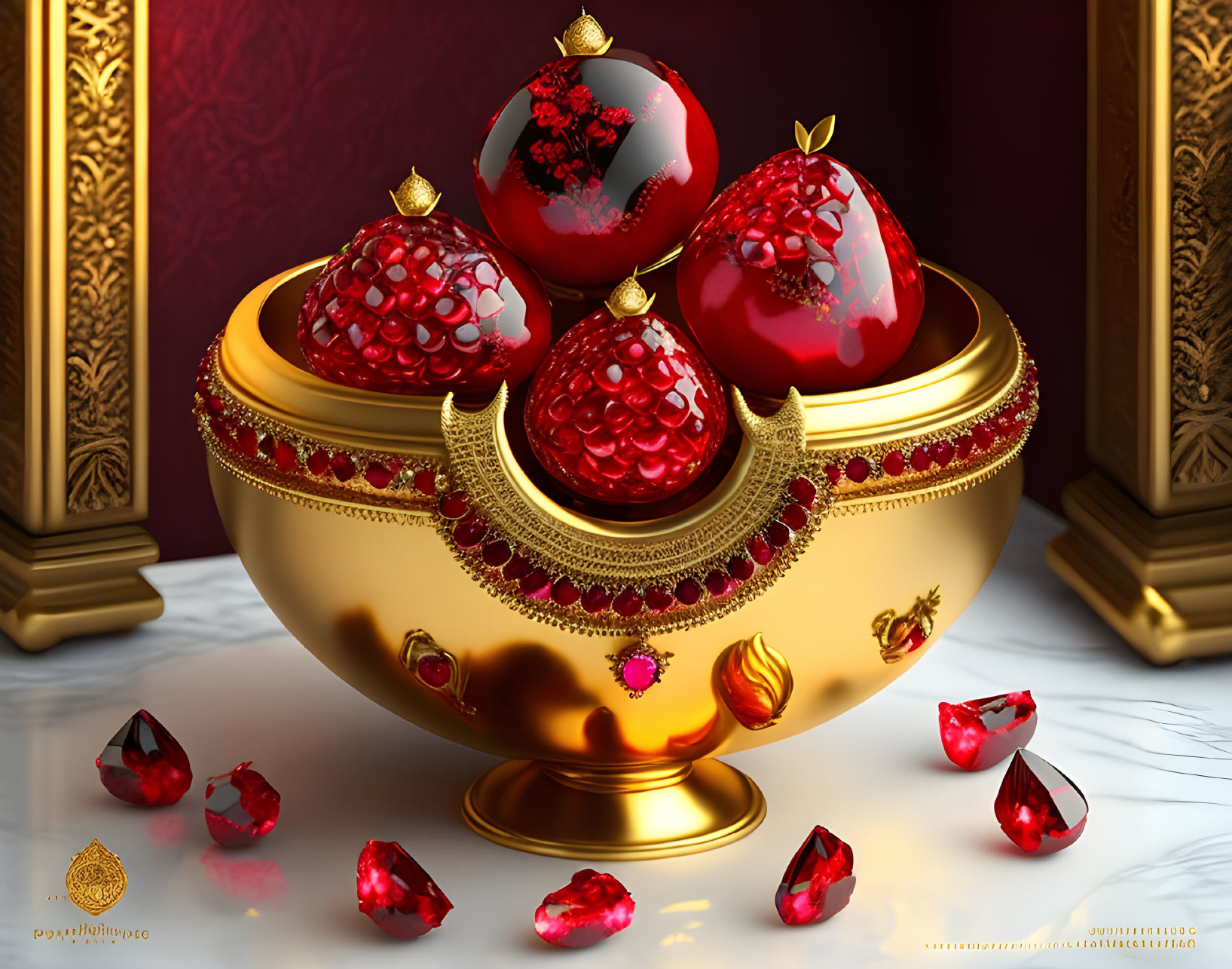 Golden Decorated Bowl with Red Pomegranates on Ornate Purple Background