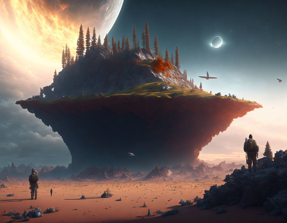 Person standing on rocky landscape gazes at floating island with trees under huge planet and distant moon in surreal