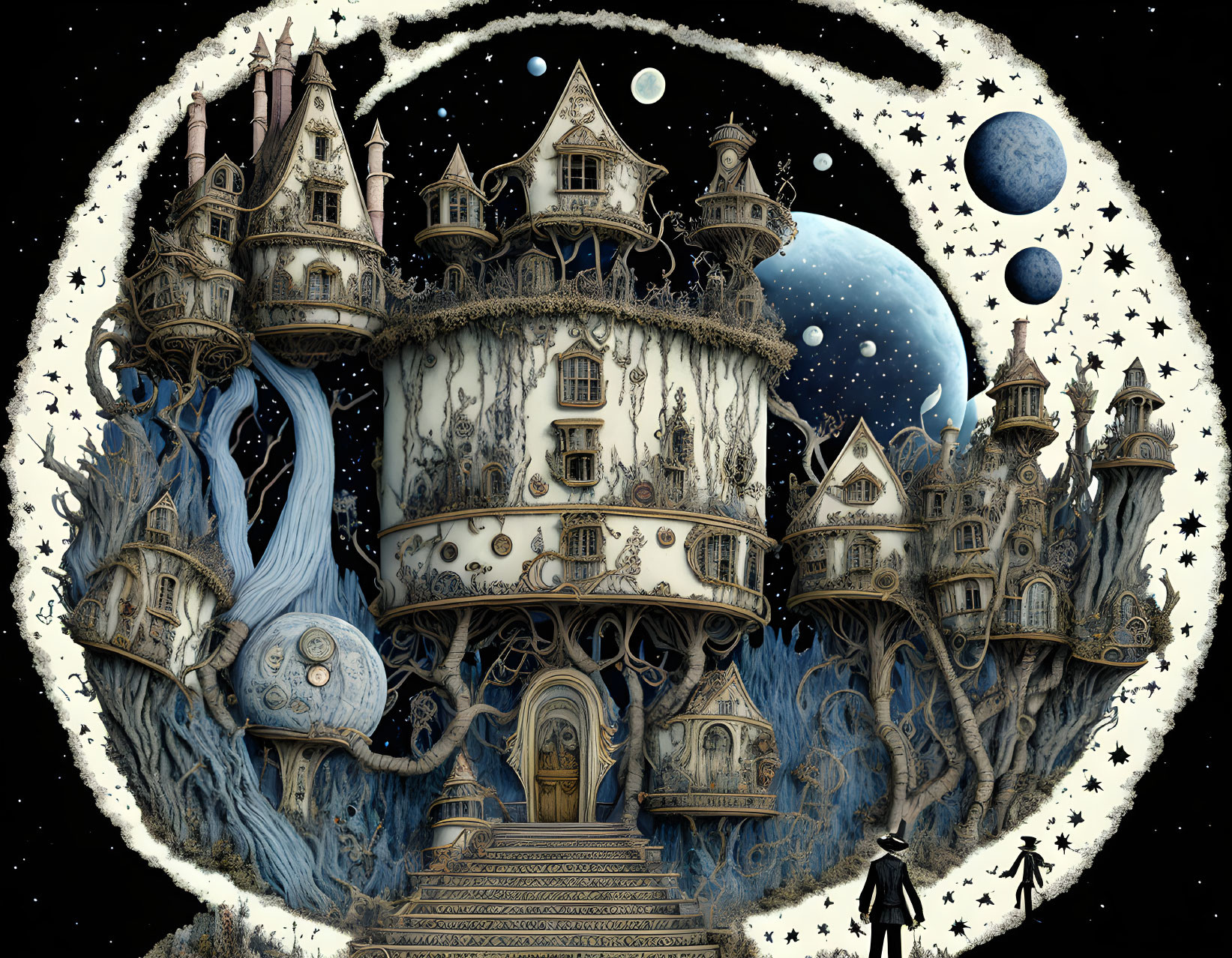 Intricate fantasy artwork of grand gothic building amidst celestial elements