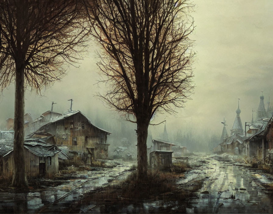 Rain-soaked street with barren trees and old wooden houses under heavy, overcast sky