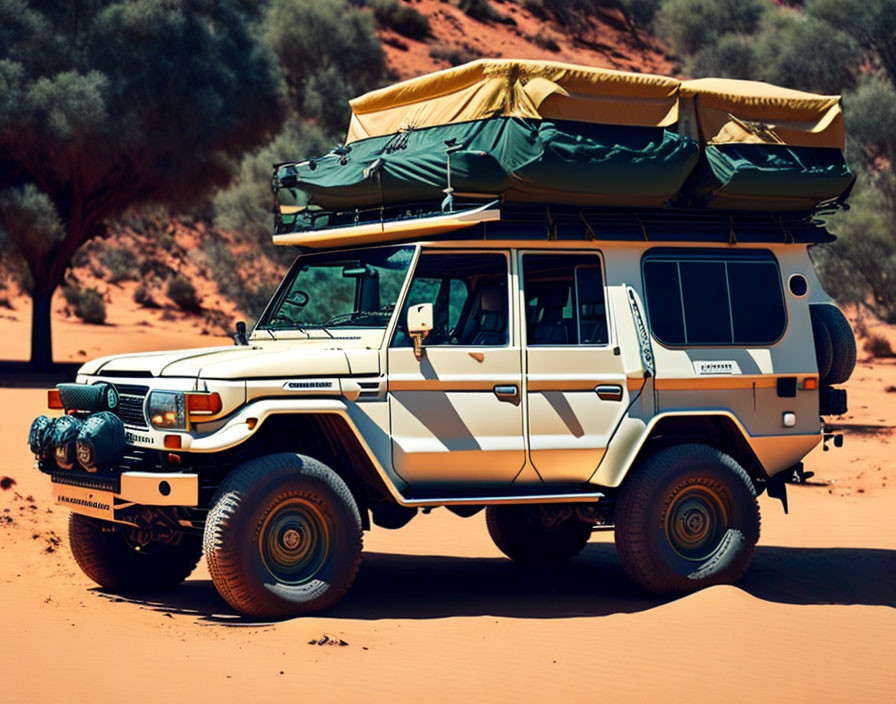 Beige Off-Road Vehicle with Roof-Top Tent in Red Desert Landscape