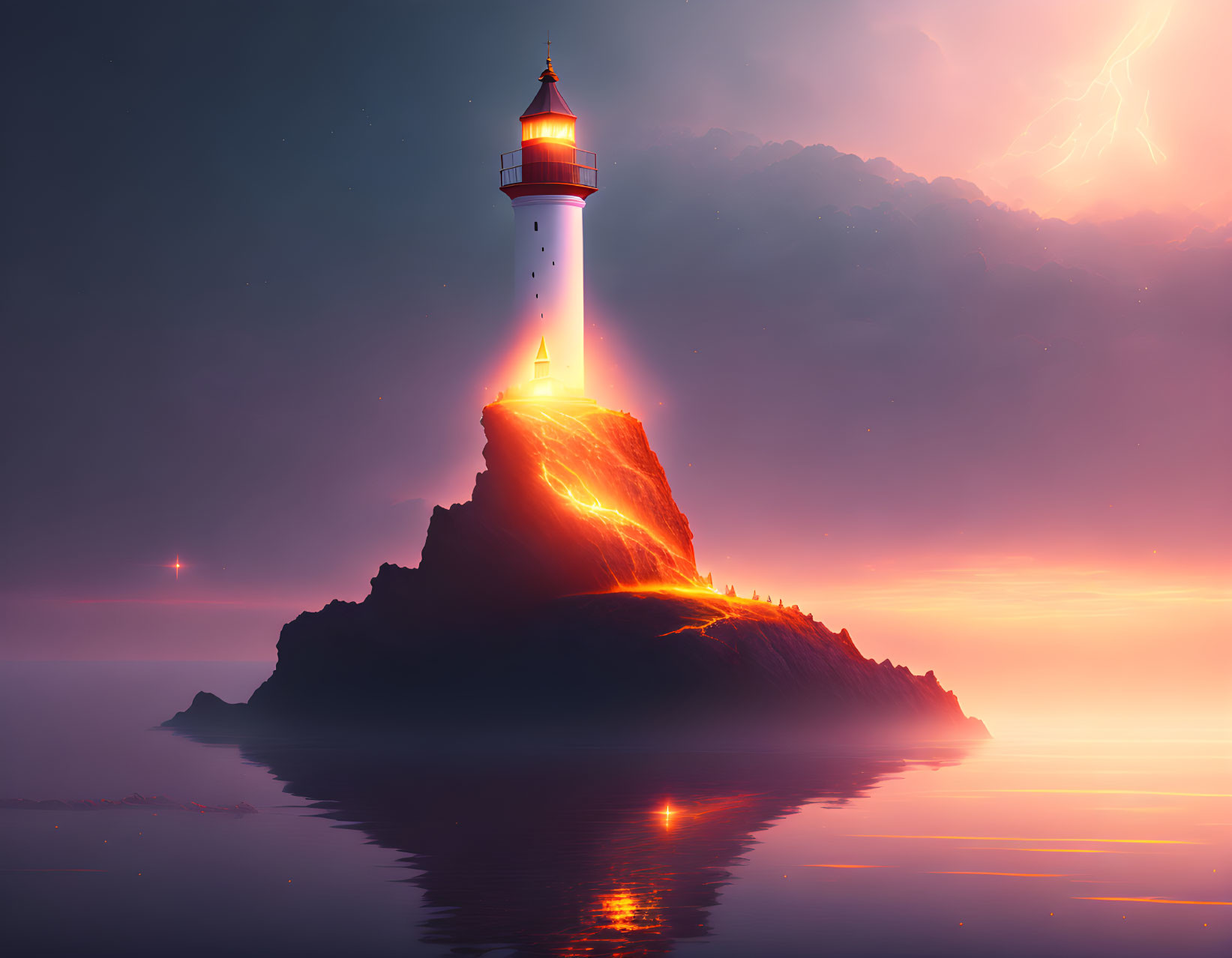 Rocky islet seascape with glowing lighthouse under dramatic sky