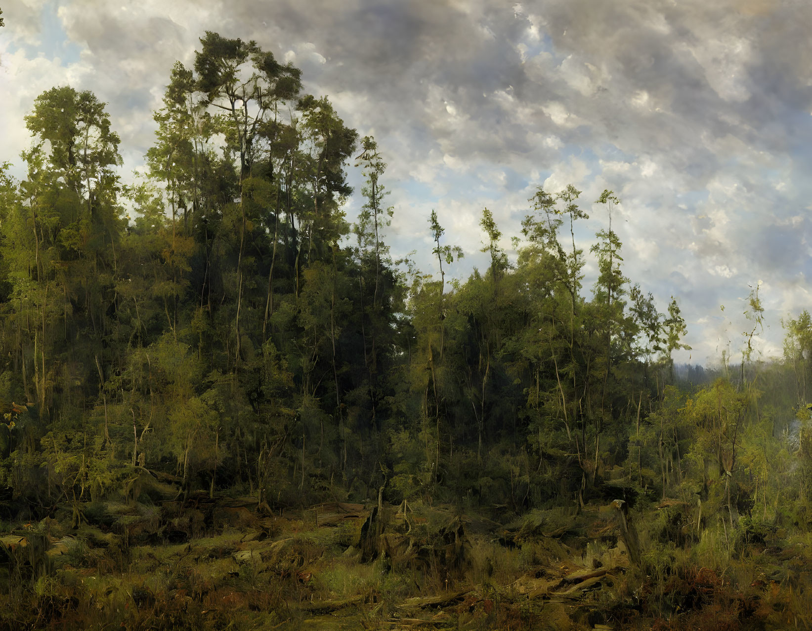 Lush Forest Scene: Tall Trees, Dense Underbrush, Sunlit Clearing