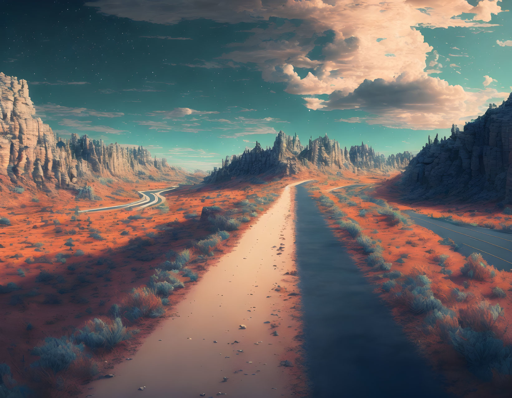 Deserted highway in surreal orange landscape with cliffs