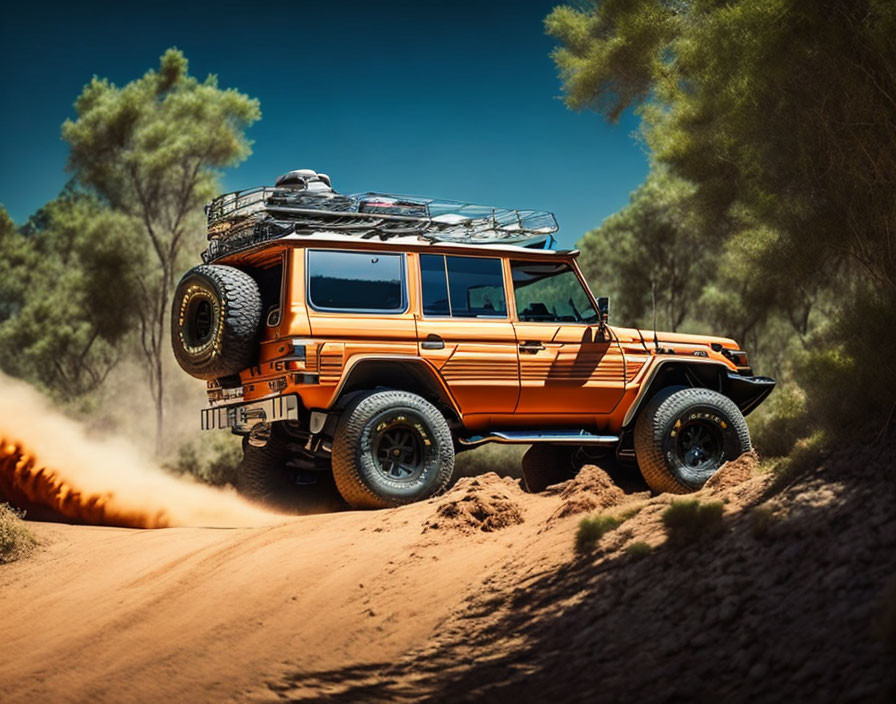 Orange Off-Road Vehicle Driving Through Desert Landscape