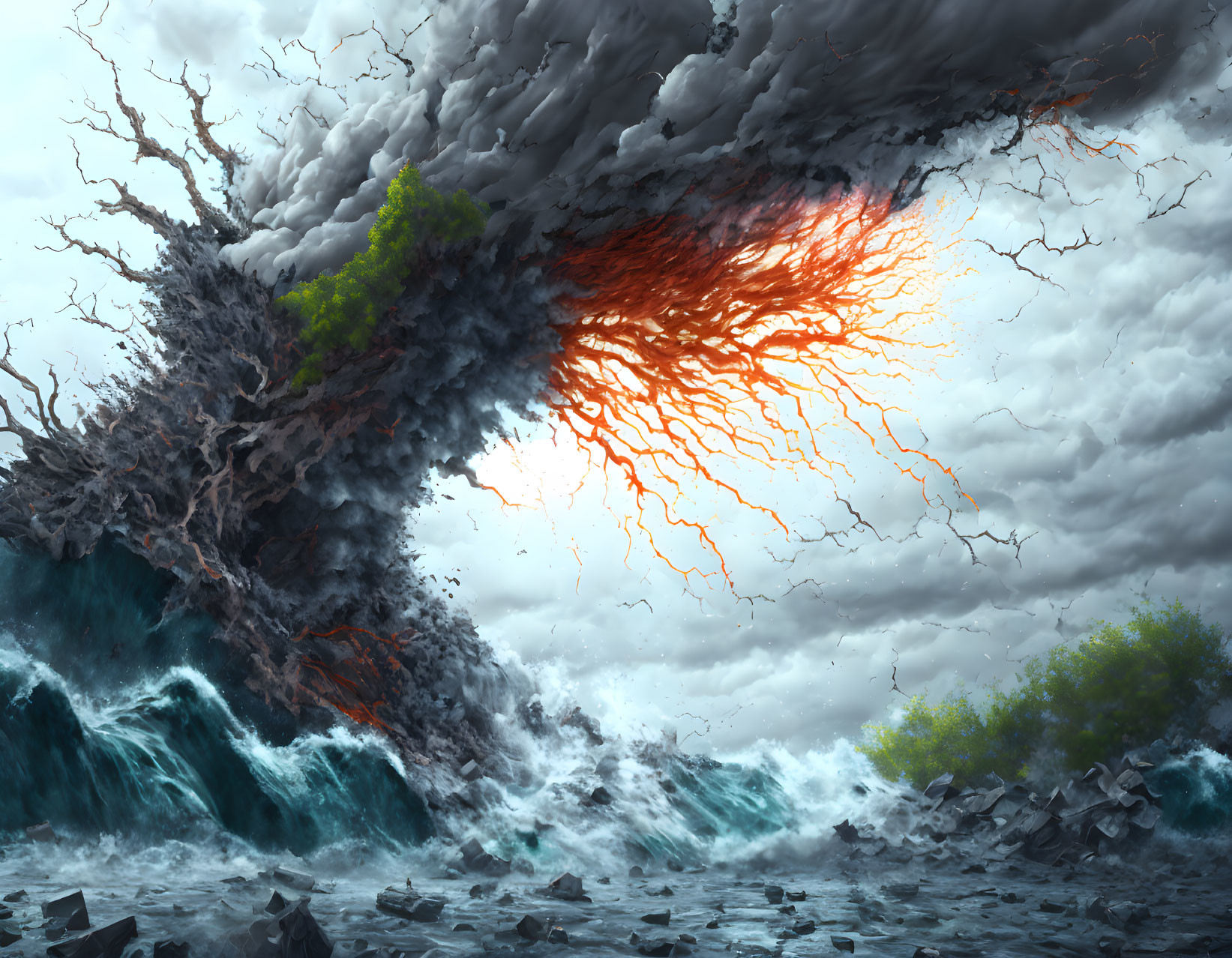 Volcanic eruption near ocean with lava flowing into water