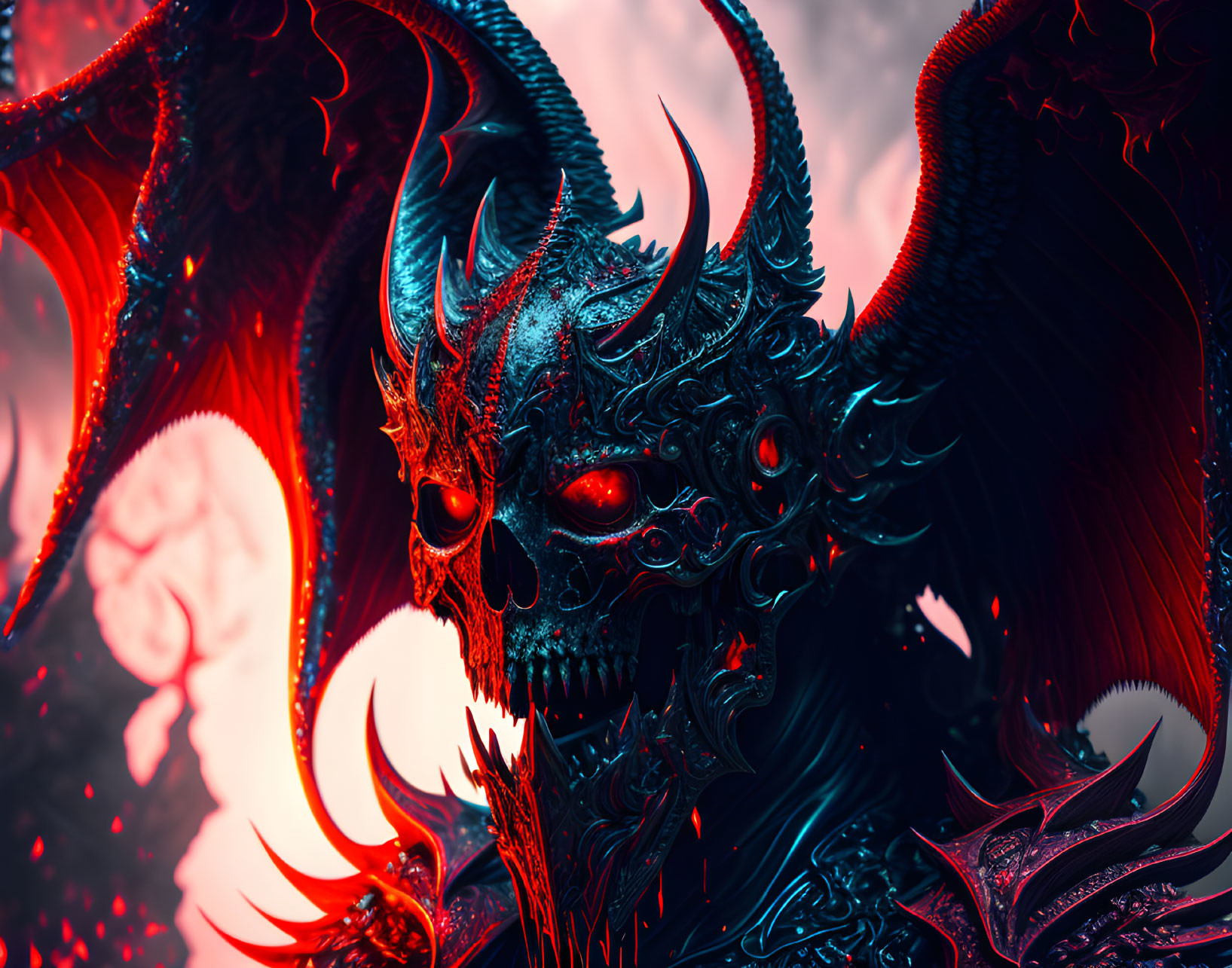 Menacing dragon with red and blue tones, glowing eyes, sharp horns, and intricate scales