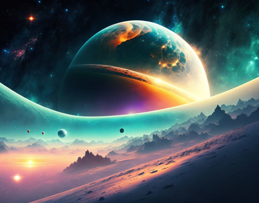 Cosmic digital art: planet, moons, stars, landscape