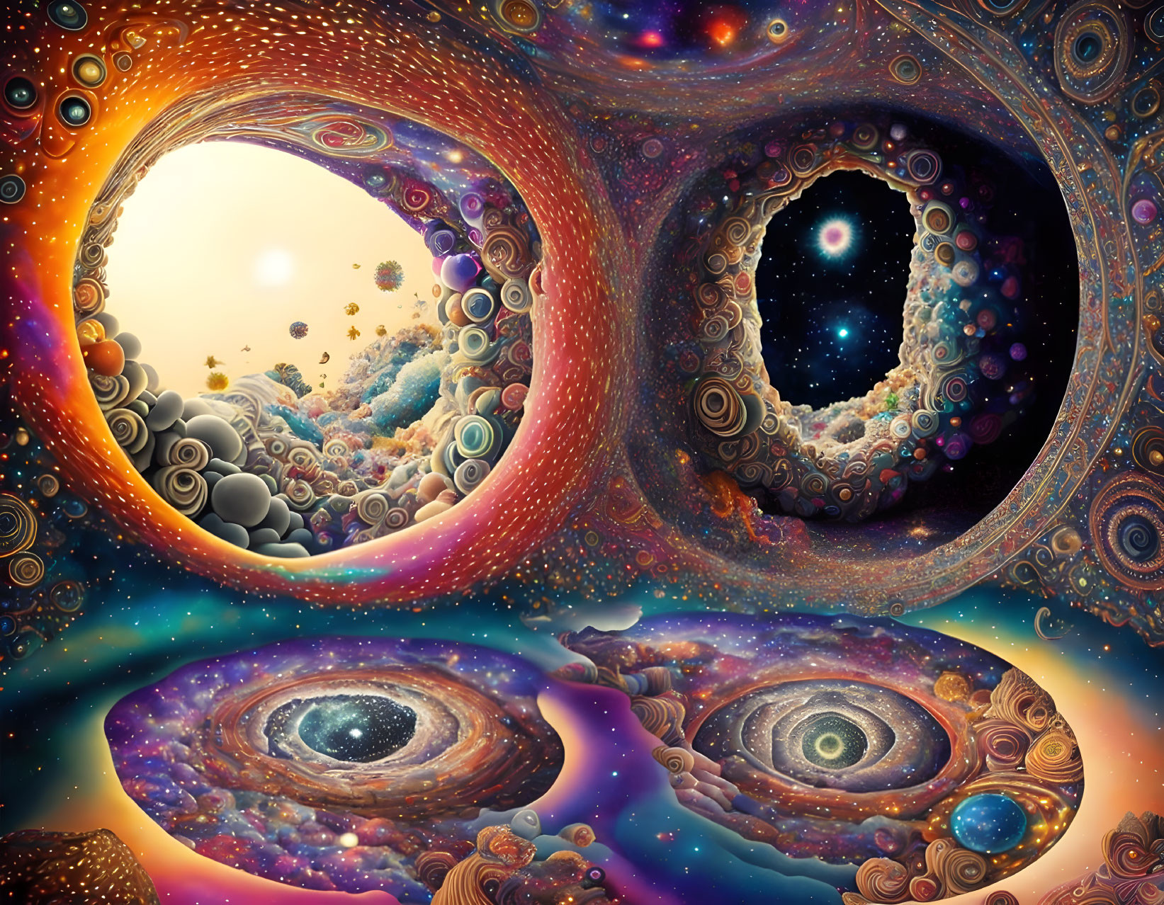 Colorful surreal cosmic spirals with intricate patterns and celestial bodies.