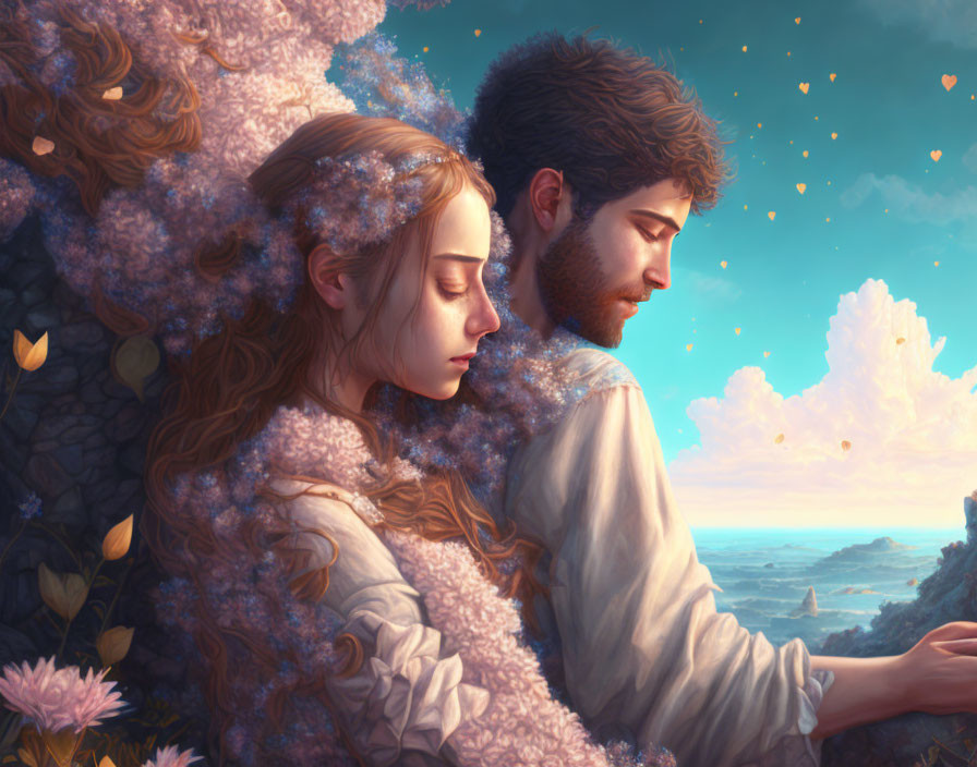 Man and woman surrounded by blossoms and butterflies under a serene sky.