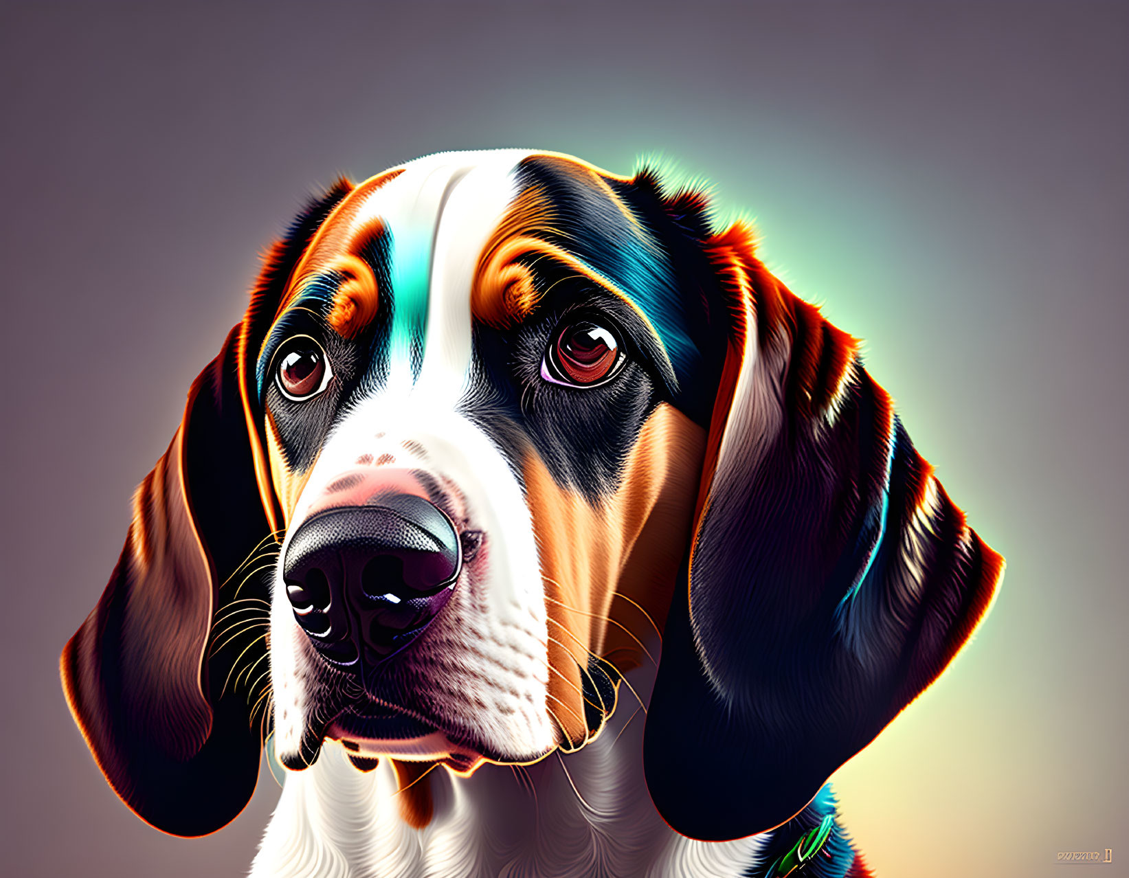 Colorful Beagle Digital Artwork with Expressive Eyes and Detailed Fur