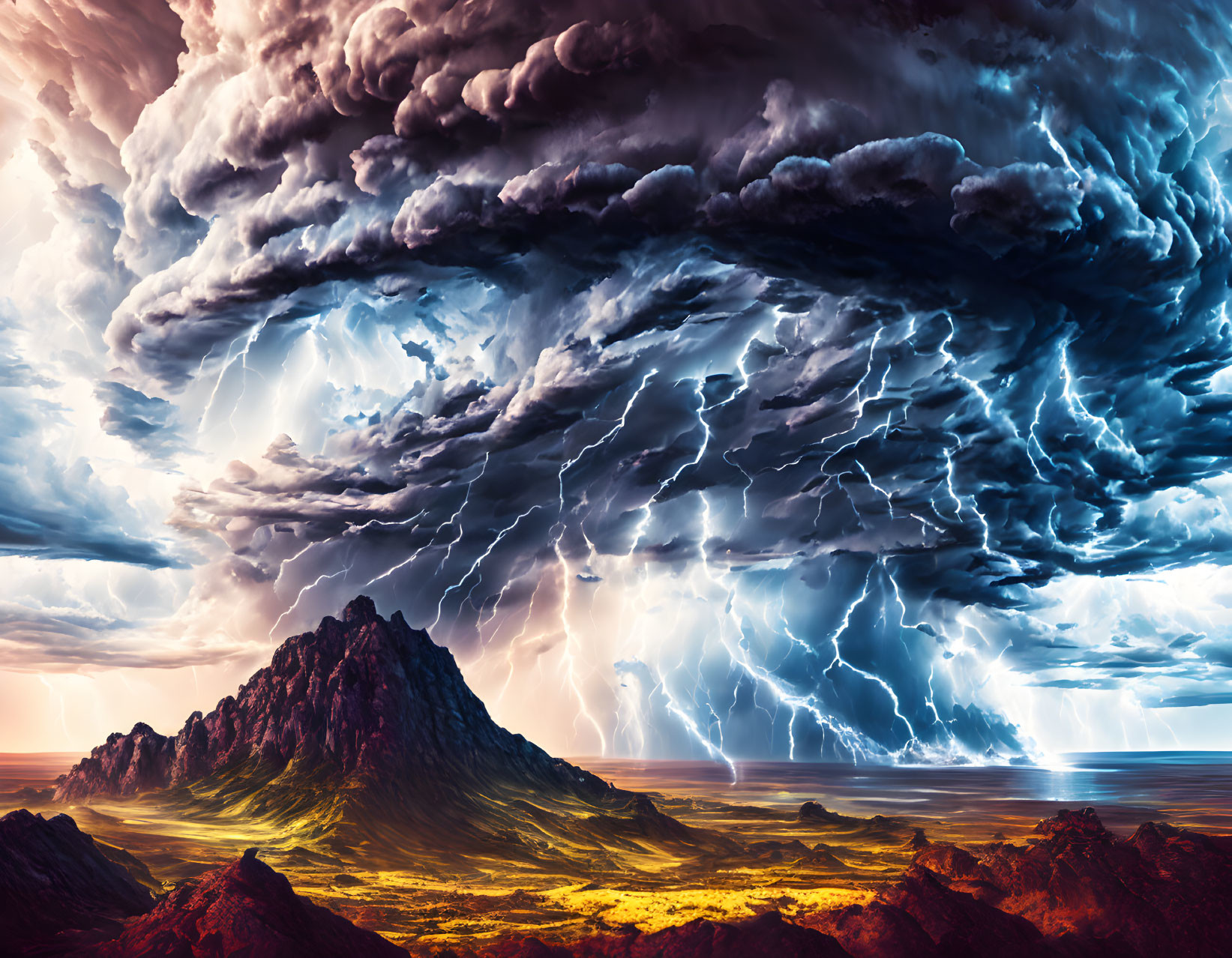 Dramatic landscape with towering mountain, vast plain, and intense thunderstorm