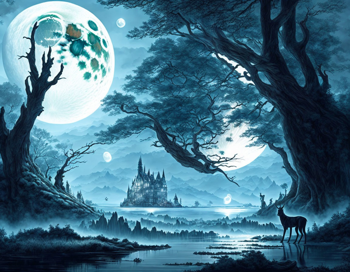 Fantasy night landscape with moon, castle, orbs, trees, river, and deer