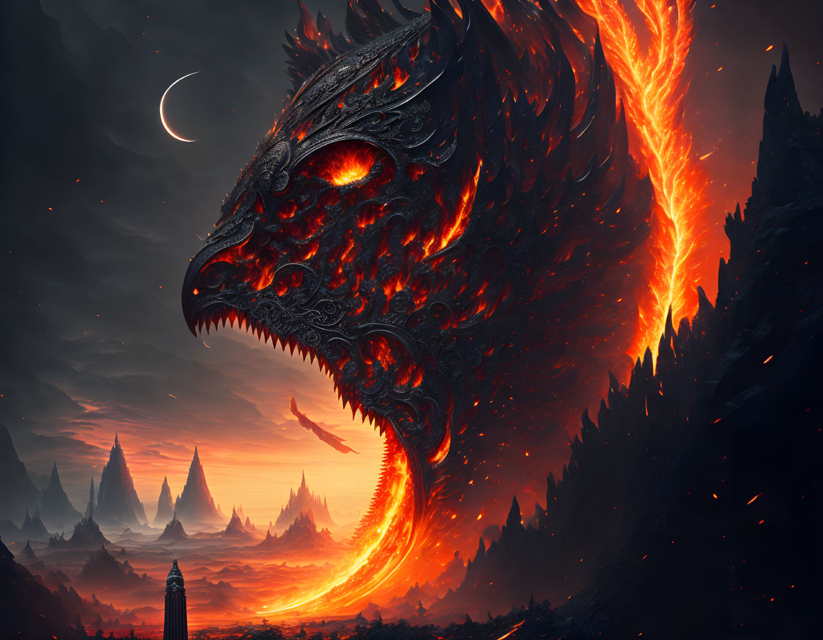 Dragon head emerging from molten lava under crescent moon