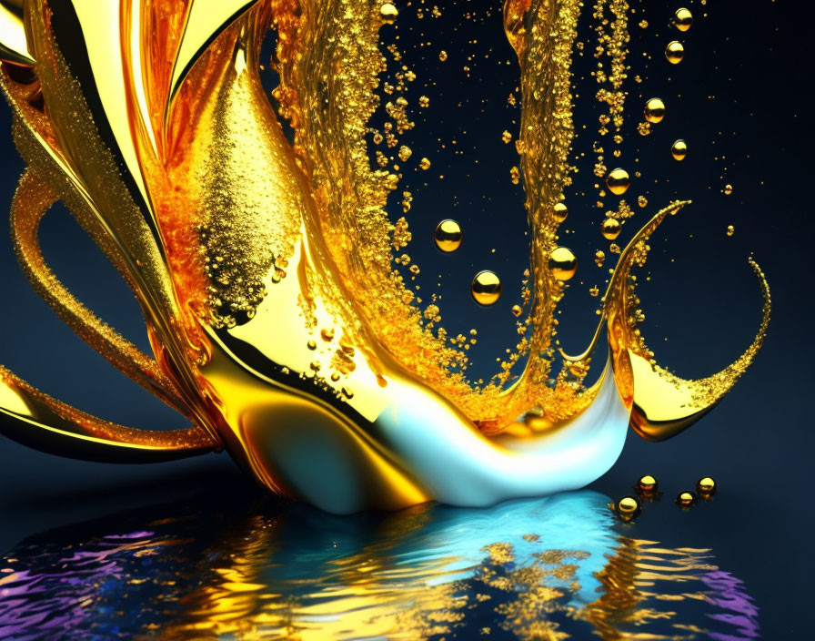 Vibrant golden liquid splashes on dark reflective surface