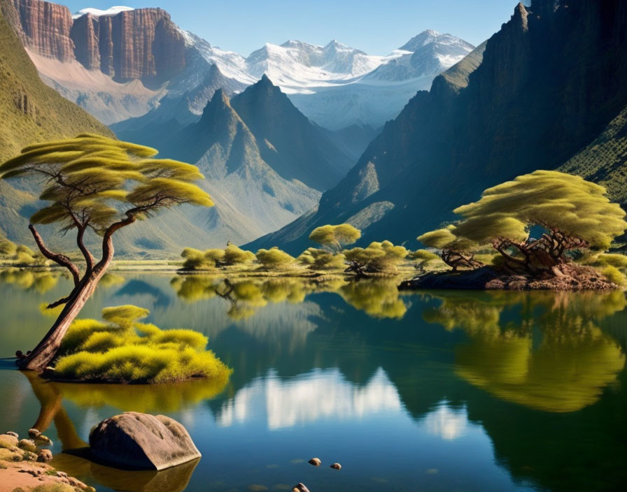 Snow-capped mountains and lush trees reflected in serene lake