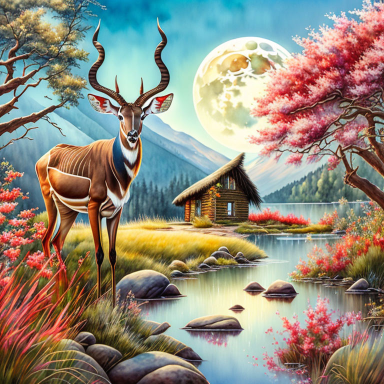 Majestic antelope by tranquil river near wooden cabin in serene landscape