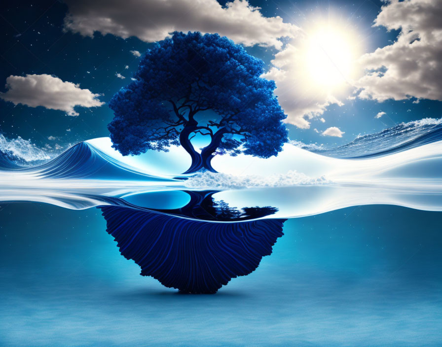 Surreal artwork of solitary tree on floating island in starry sky