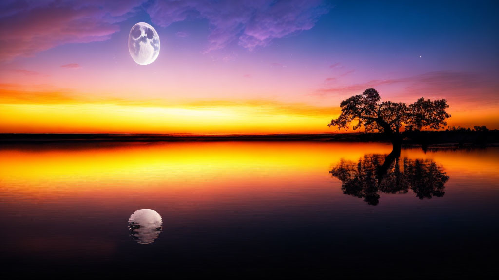 Twilight lakeside scene: vibrant sky, full moon, lone tree silhouette, water reflection