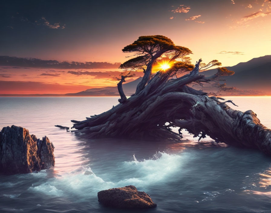 Majestic tree with gnarled roots on rocky shore at sunset