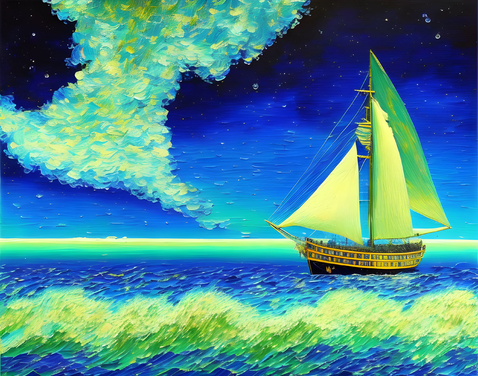 Yellow-sailed sailing ship on turbulent sea under vivid blue sky with swirling clouds.