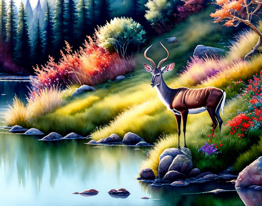 Majestic deer by tranquil lake with colorful foliage