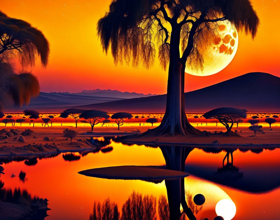 Digital artwork: African savannah with giraffes, acacia trees, and full moon