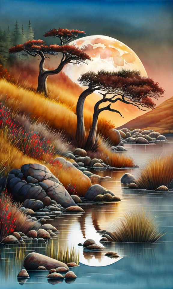 Tranquil landscape with large moon rising over red trees and serene lake