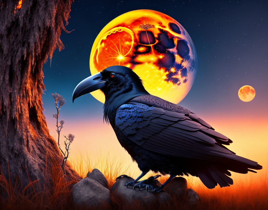 Raven on Rock with Oversized Moon in Surreal Night Sky