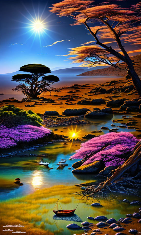 Vibrant landscape with sun, river, boat, flowers, trees, and starry sky