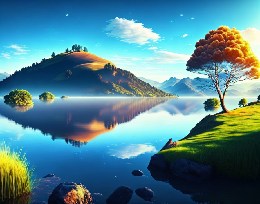 Tranquil landscape: reflective lake, green hills, orange-leaved tree, blue sky.