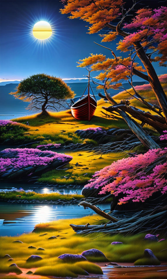 Colorful Landscape: Red Boat, Orange Tree, Pink Flowers, Reflective Water, Bright Sun