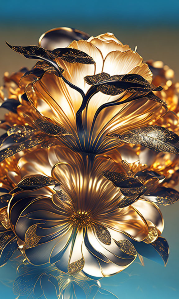 Golden flower digital art on blue gradient background