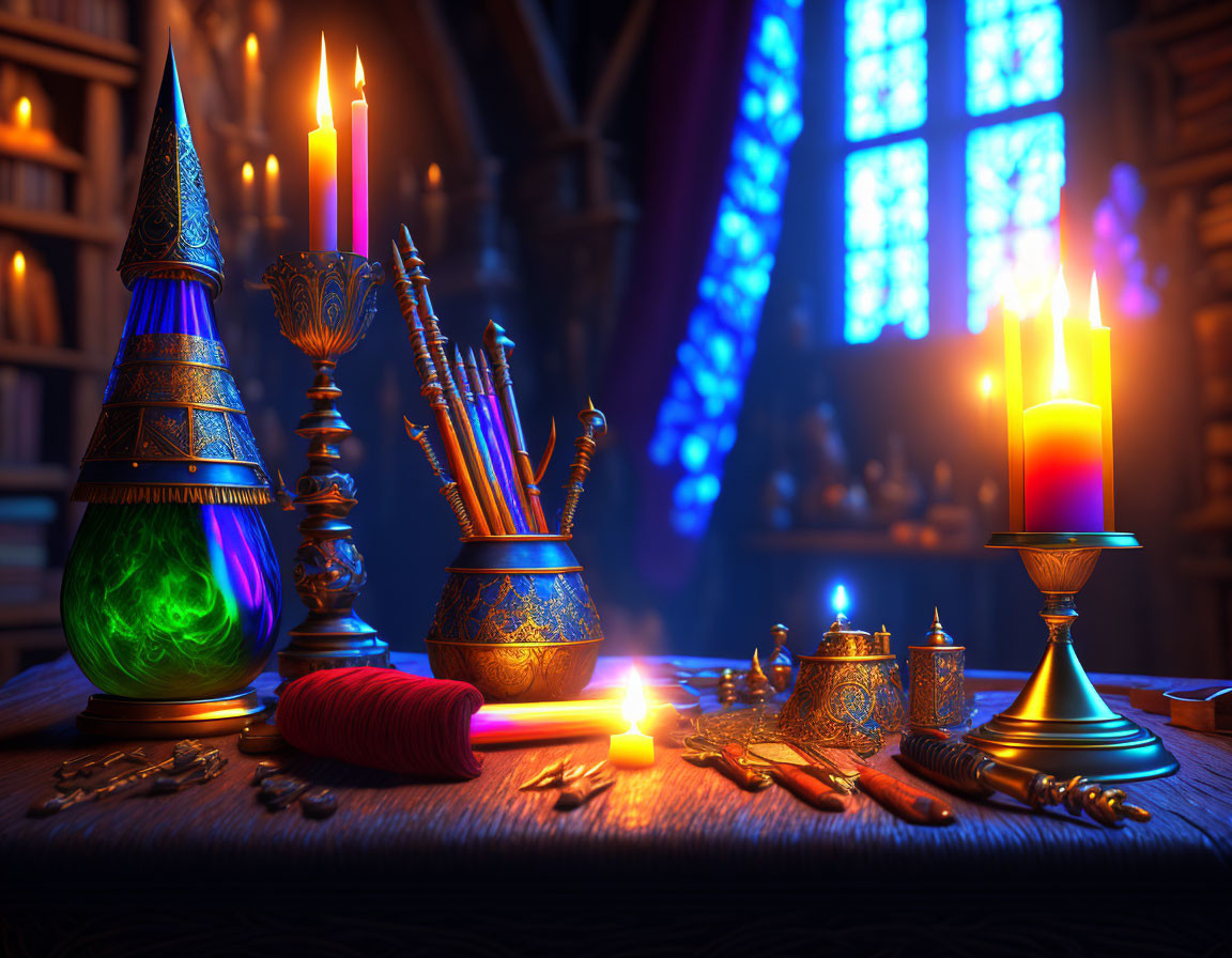 Mystical wizard's desk with magical items in dim library