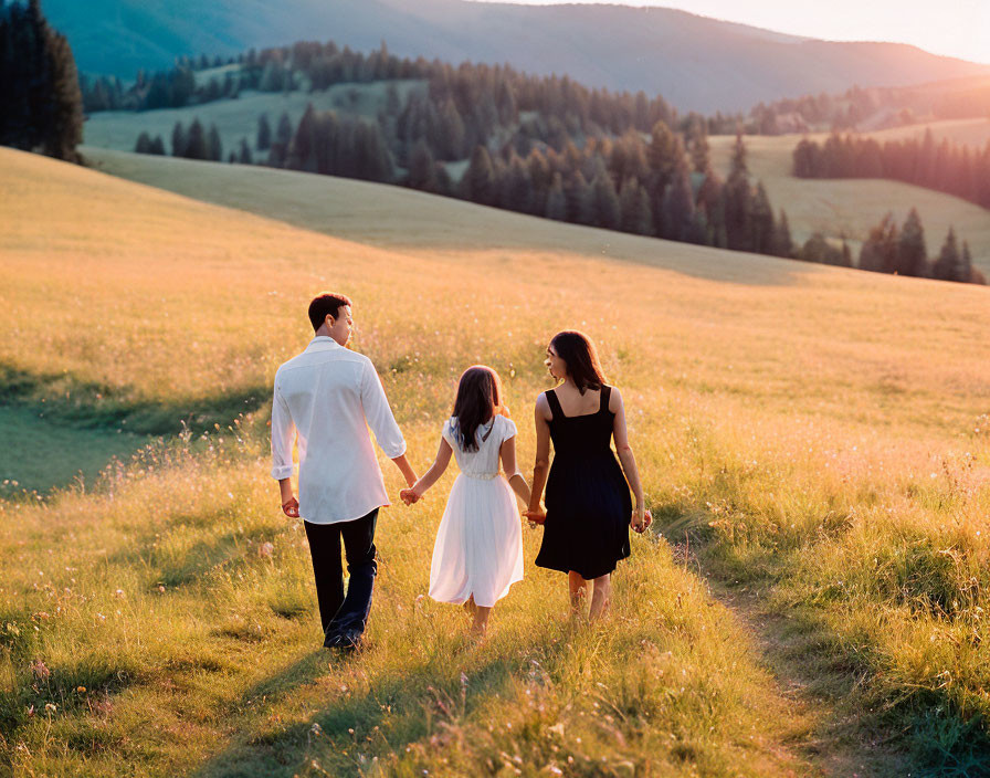 Three People Walking Hand in Hand Through Meadow at Sunset