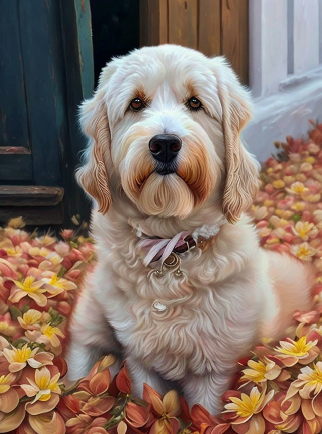 Cream-colored dog sitting among orange flowers by rustic door