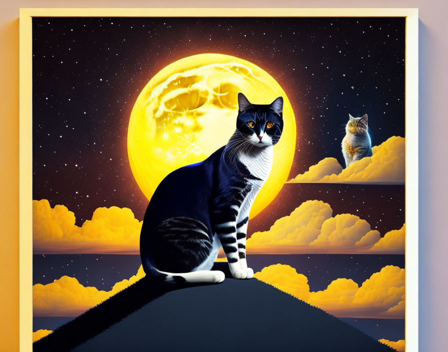 Surreal black and white cat art with moon, stars, and cloud cat