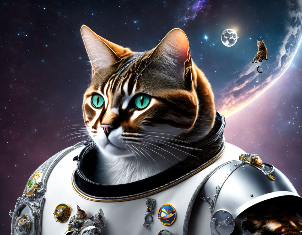 Realistic cat in astronaut suit against cosmic backdrop