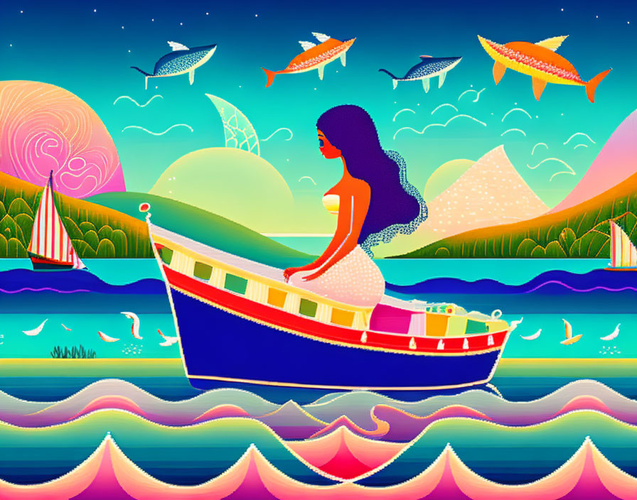 Vibrant mermaid illustration: boat, waves, flying fish, sunset, mountains.