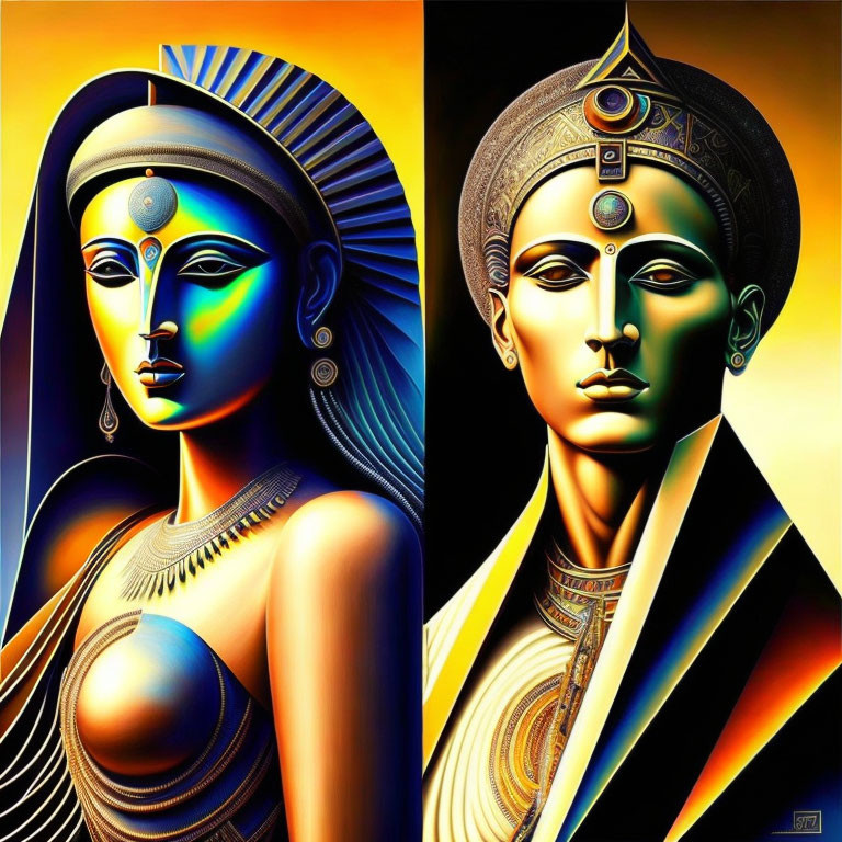 Vibrant stylized portraits of Egyptian figure with headdress