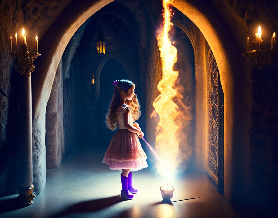 Young girl in dress with glowing wand in ornate corridor with bucket