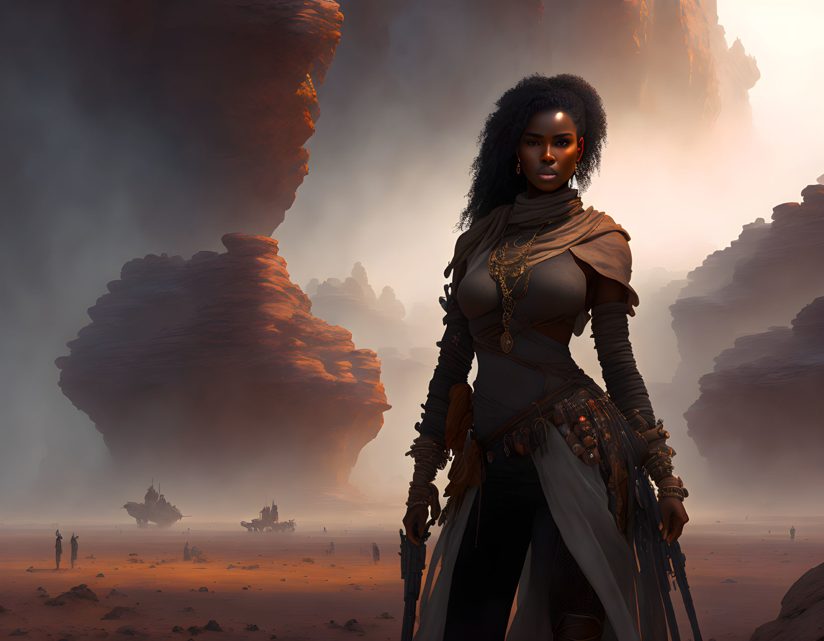 Futuristic desert landscape with confident woman and vehicles