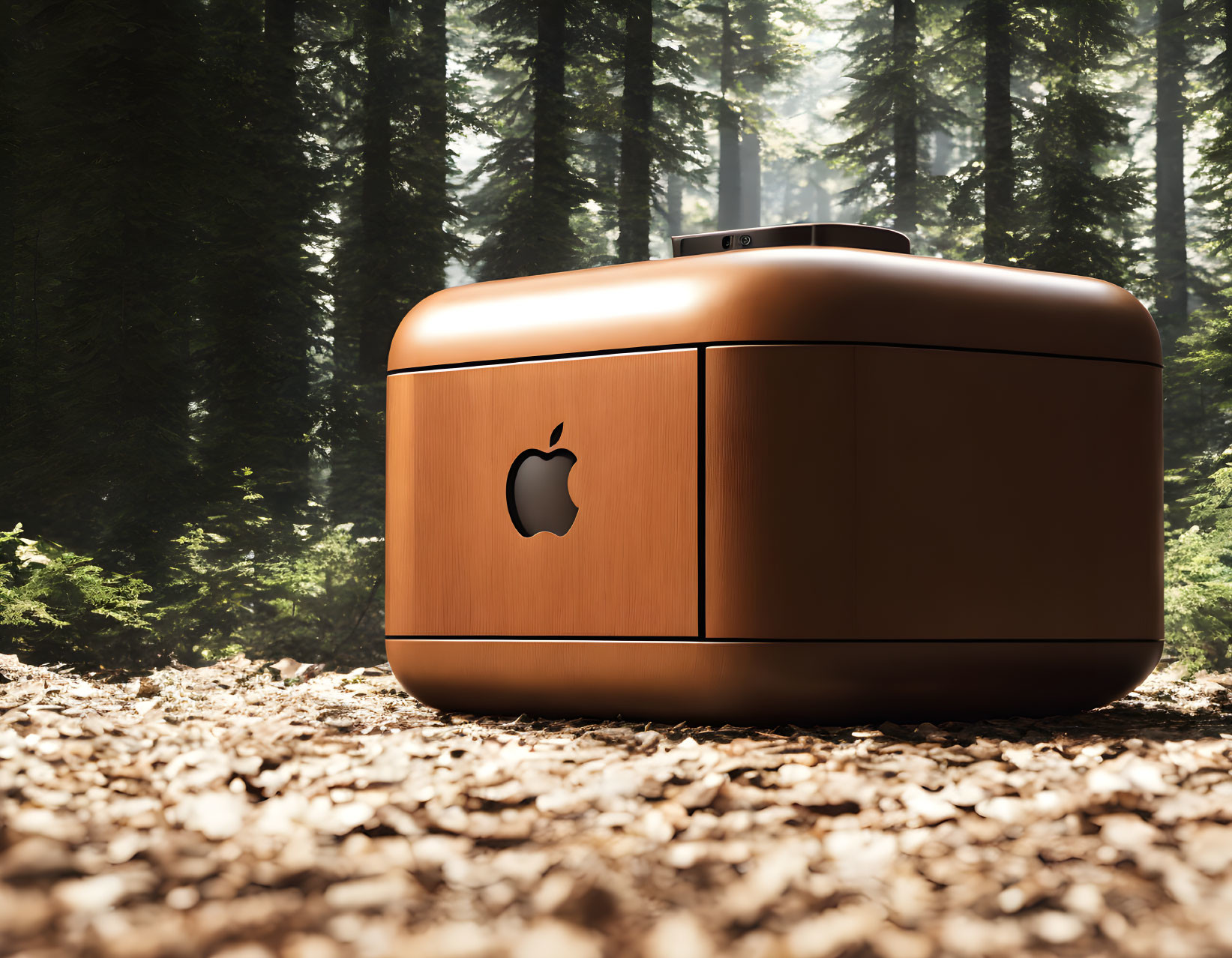 Apple logo computer on wooden forest floor with sunlight filtering through trees