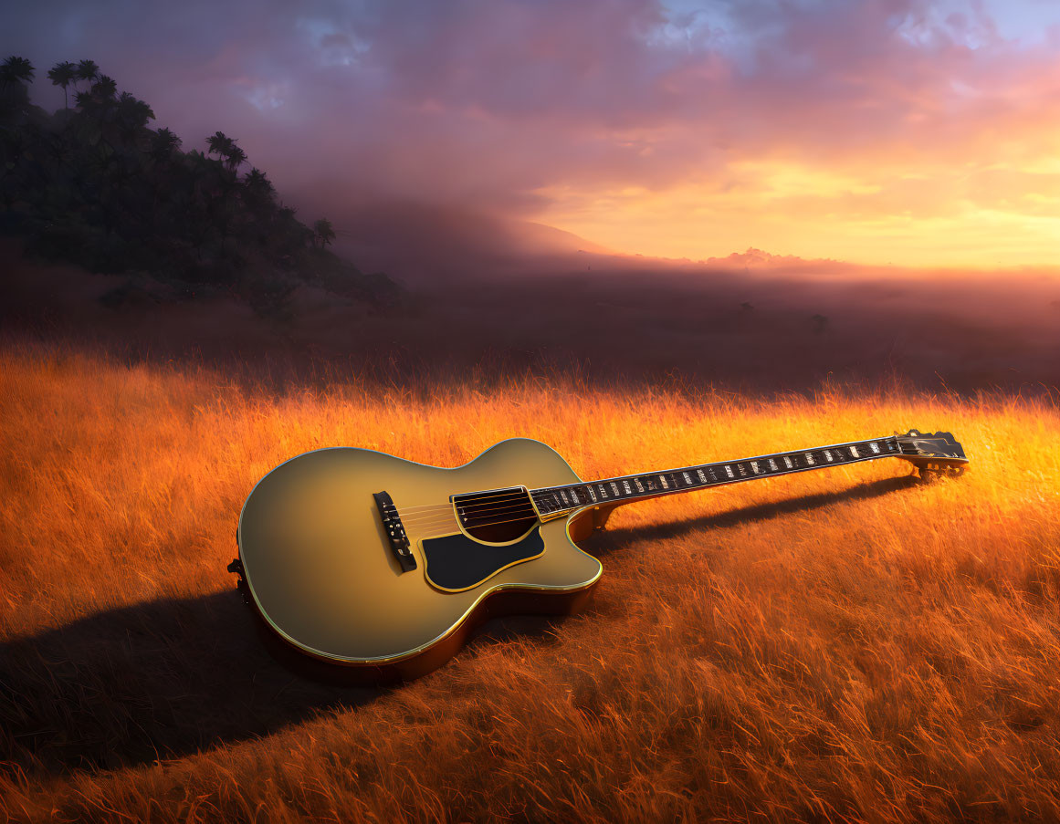 Acoustic guitar on golden field with sunset hues and gentle hill.