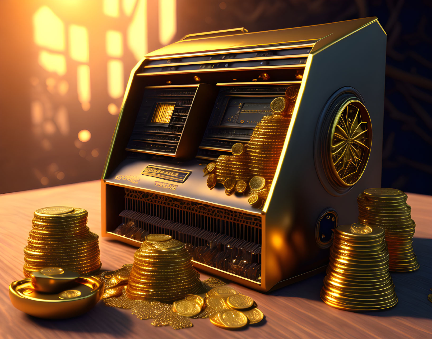 Vintage Jukebox Surrounded by Golden Coins in Warm Glow