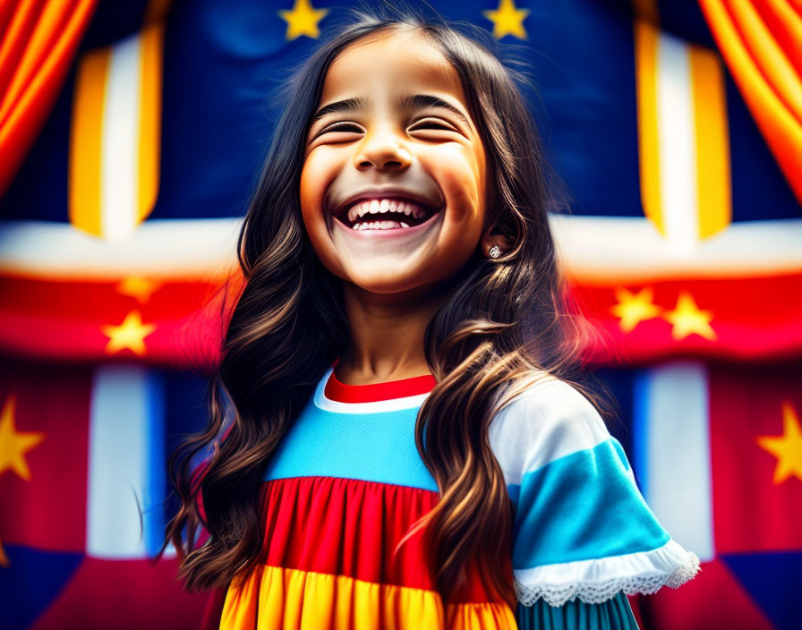 Smiling young girl in front of colorful, star-patterned background