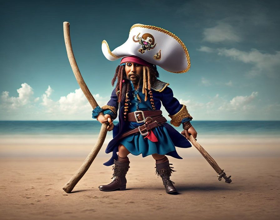 Pirate costume with tricorne hat, sword, and beach background