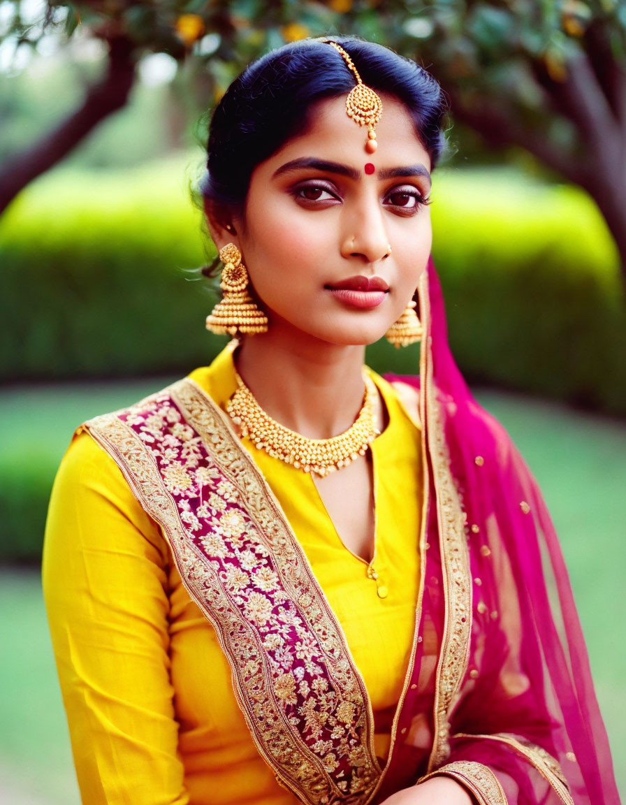 Traditional Indian woman in yellow blouse and red sari with gold jewelry against green backdrop